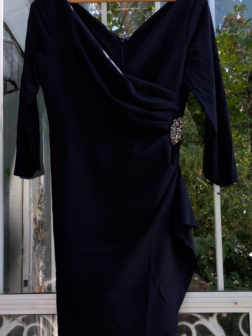 Alex Evenings Black Draped V-Neck Dress‎ with Jeweled Brooch